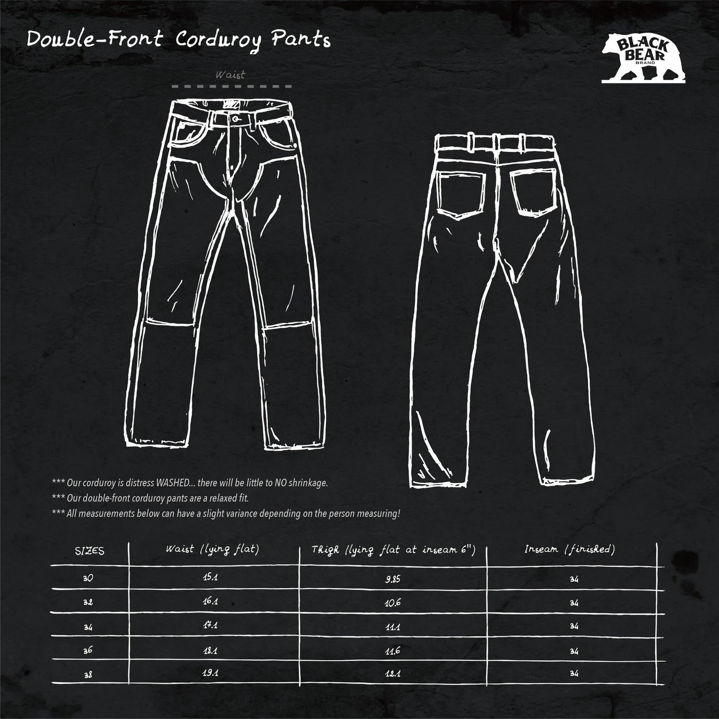 Black Bear Brand BLACK Double Front Bleached/Distressed Cords